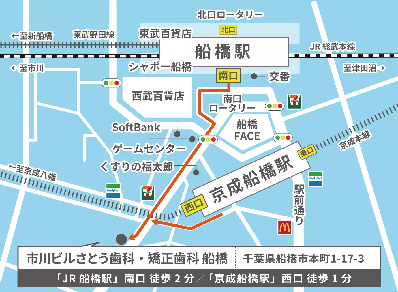 市川ビルさとう歯科・矯正歯科船橋の地図